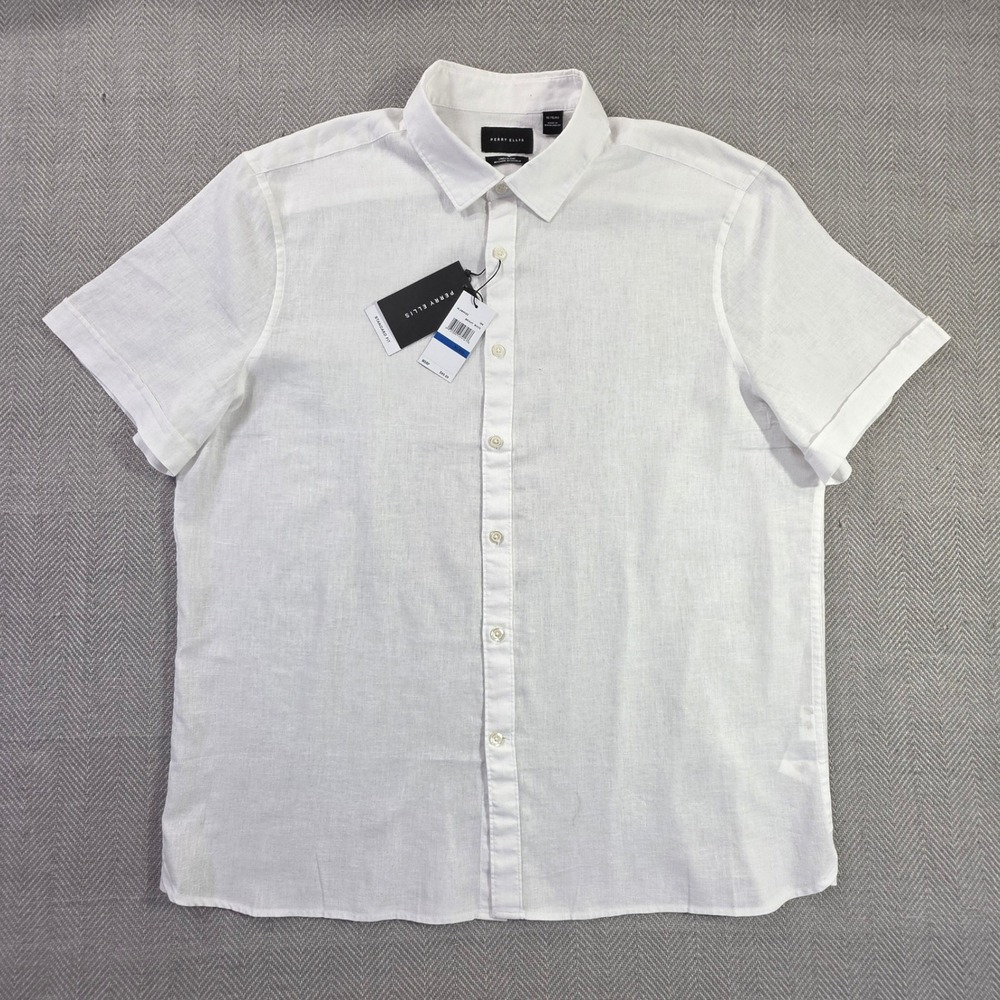 Perry Ellis Mens XL NWT White Linen Blend Short Sleeve Button Down 4LSW9022